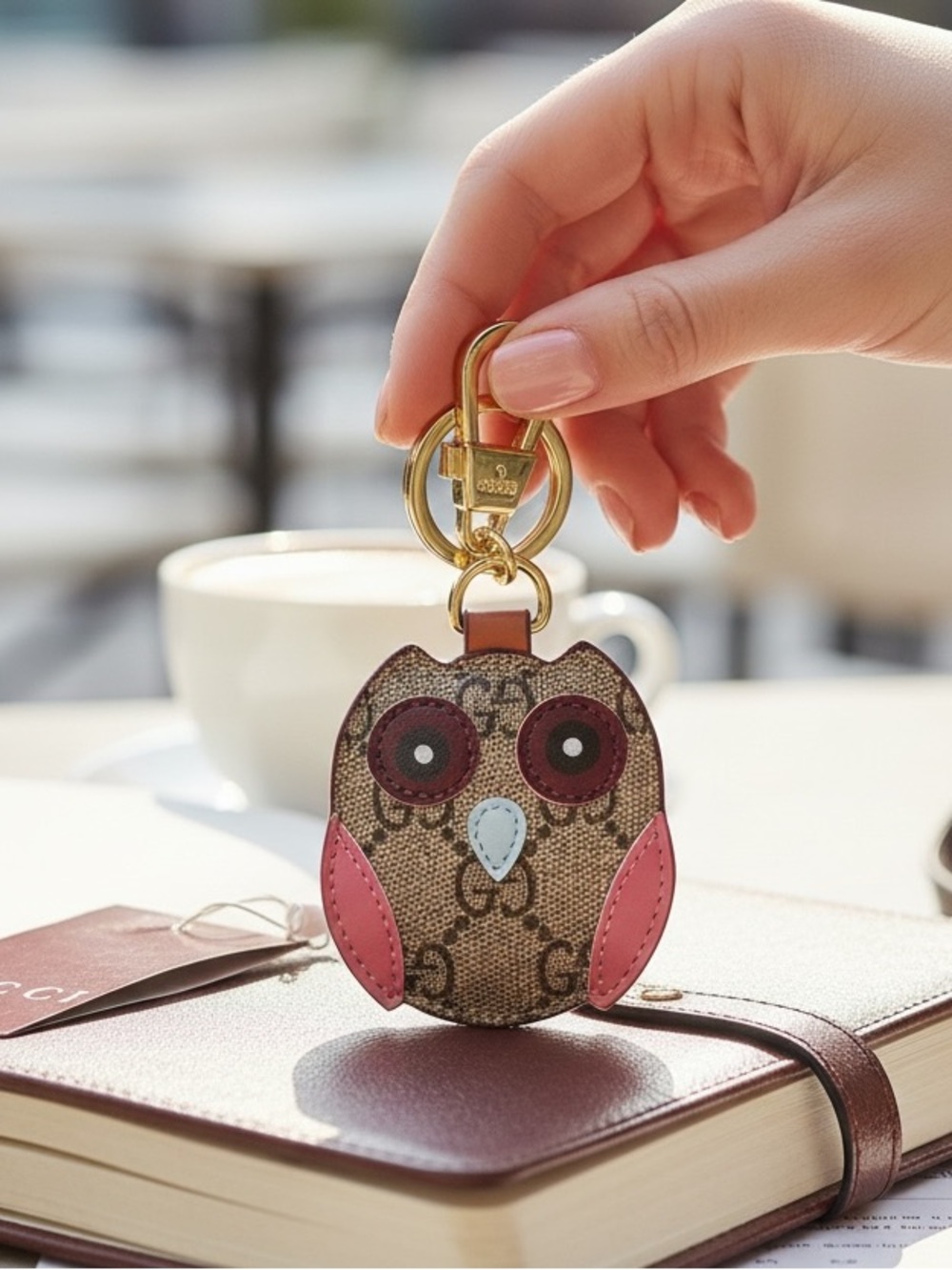 Gucci Designer Brown and Pink Owl Keychain Bag Charm NEW